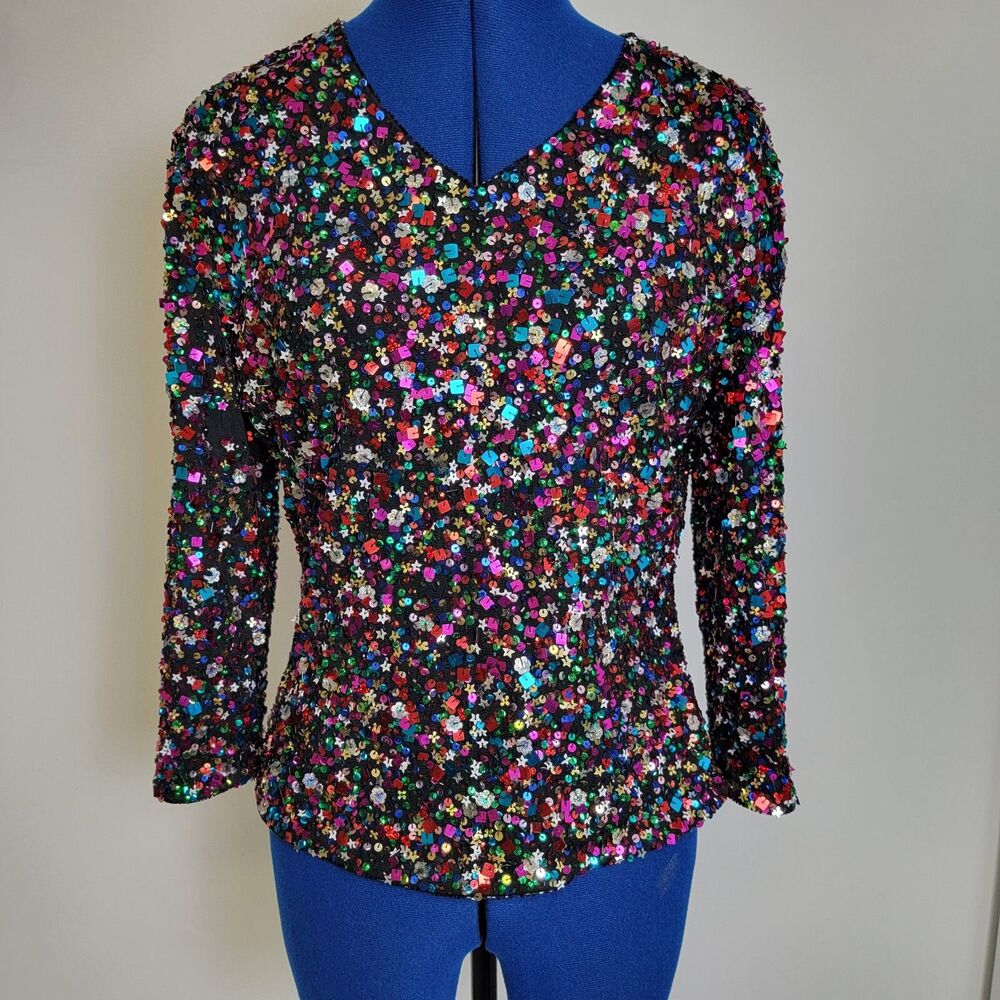 NWT Classic Creations Womens Lined 3/4 Sleeve V-Neck Sequin Blouse L